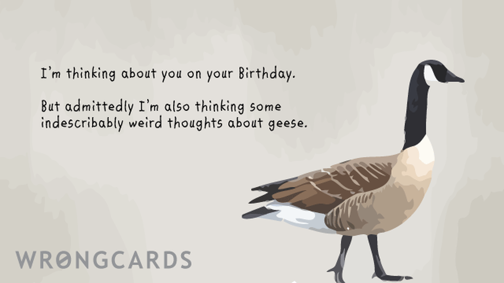 Birthday Ecard with text: I'm thinking about you on your birthday. but admittedly, i'm also thinking indescribably weird thoughts about geese. 