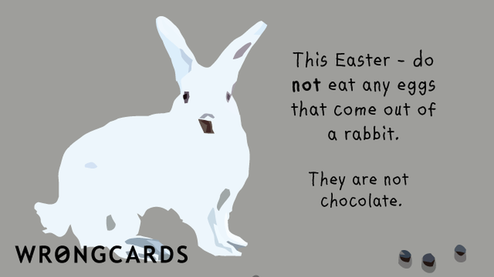 Easter Greetings Ecard with text: This Easter - do not eat any eggs that come out of a rabbit. They are not chocolate. 