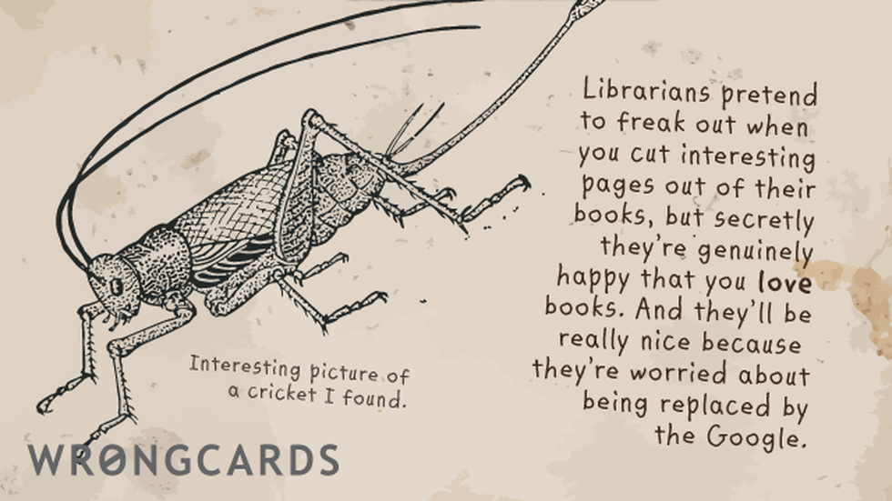 WTF Ecard with text: Librarians pretend to freak out when you cut interesting pages out of their books but secretly they are happy that you love books. 