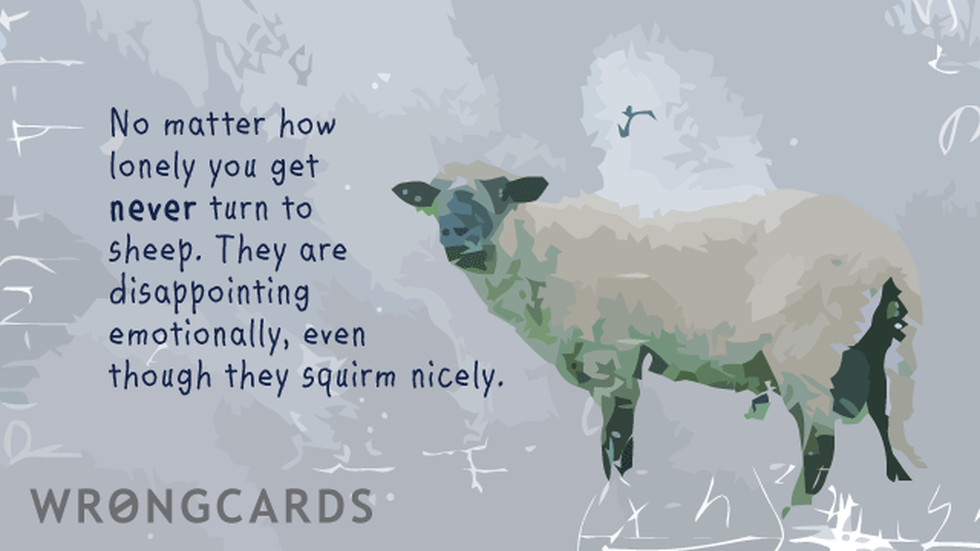 WTF Ecard with text: No matter how lonely you get never turn to sheep. They are very disappointing, emotionally, even though they squirm nicely. 