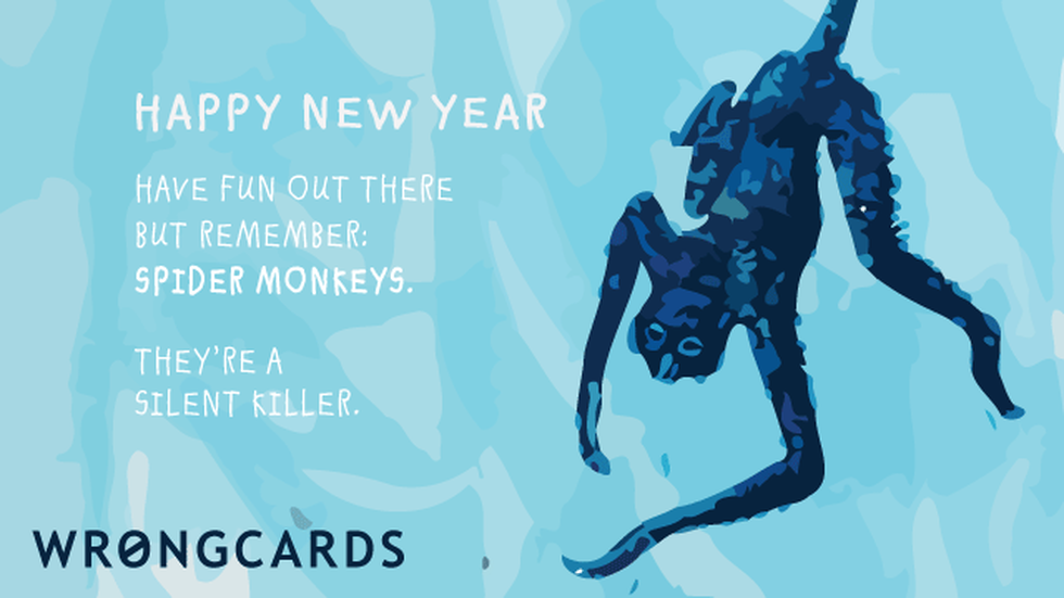 New Year's Ecard with text: Happy New Year. Have fun out there but remember: spider monkeys. They're a silent killer. 