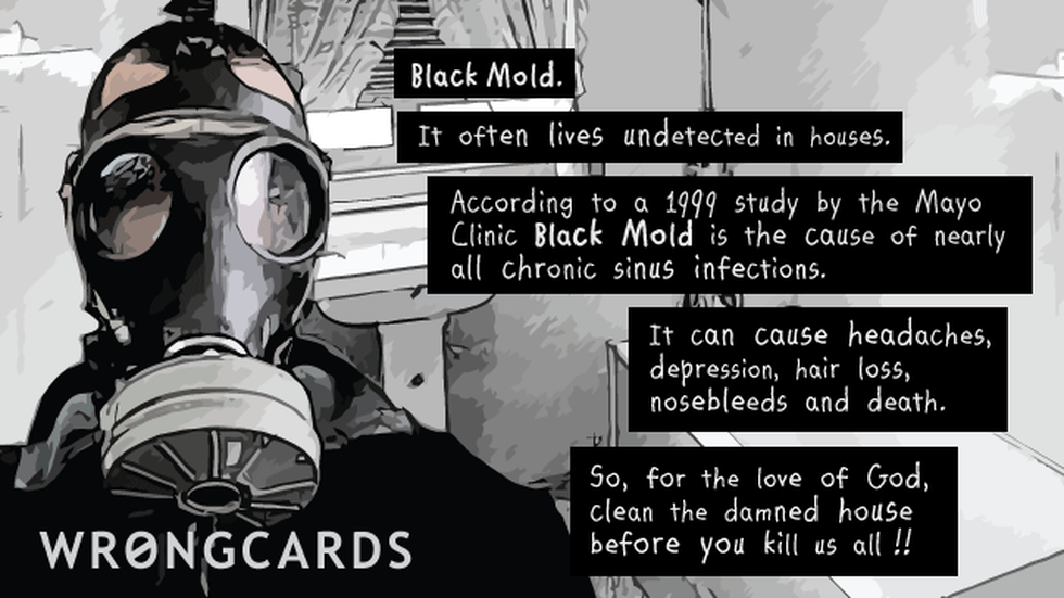 OCD Ecard with text: Black Mold. It often lives undetected in houses. According to a 1999 study at the Mayo Clinc, Black MOld is the cause of nearly all chronic sinus infection. It can cause headaches, depression, hair loss, nosebleeds, and death. So faor the love of God, clean the damned house before you kill us all! 