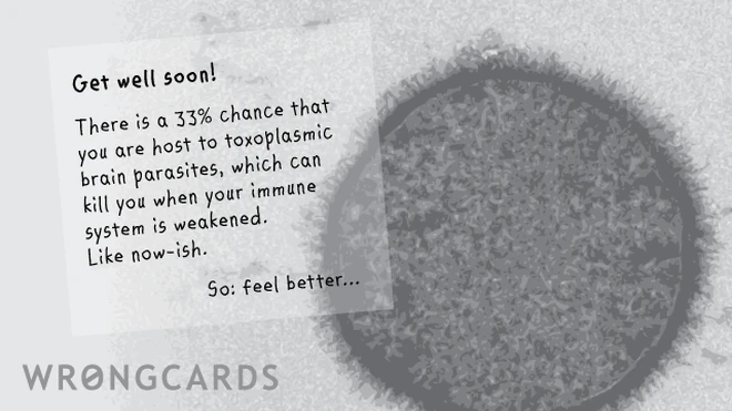 'Get well soon! There is a 33% chance that you are host to toxoplasmic brain parasites, which can kill you when your immune system is weakened. Like now-ish. So: feel better...' 