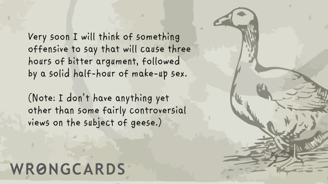 'Very soon I will think of something offensive to say that will cause three hours of bitter argument, followed by a solid half hour of make-up sex. (Note: I dont have anything yet, other than some fairly controversial views about geese).' 