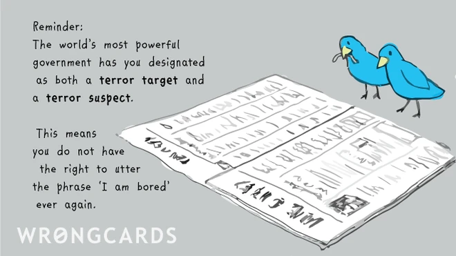 The world's most powerful government has has designated you as both a terror target and a terror suspect. This means you do not have the right to utter the phrase 'i am bored' ever again. 