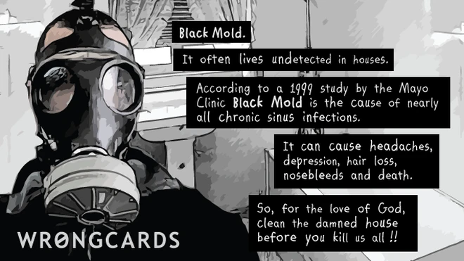 Black Mold. It often lives undetected in houses. According to a 1999 study at the Mayo Clinc, Black MOld is the cause of nearly all chronic sinus infection. It can cause headaches, depression, hair loss, nosebleeds, and death. So faor the love of God, clean the damned house before you kill us all! 