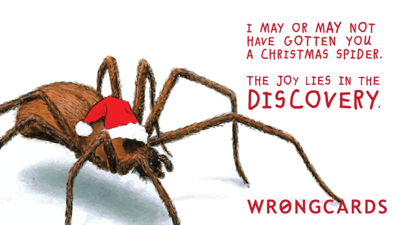 Christmas Ecard with text: I may or may not have gotten you a Christmas spider. The joy lies in the discovery.
