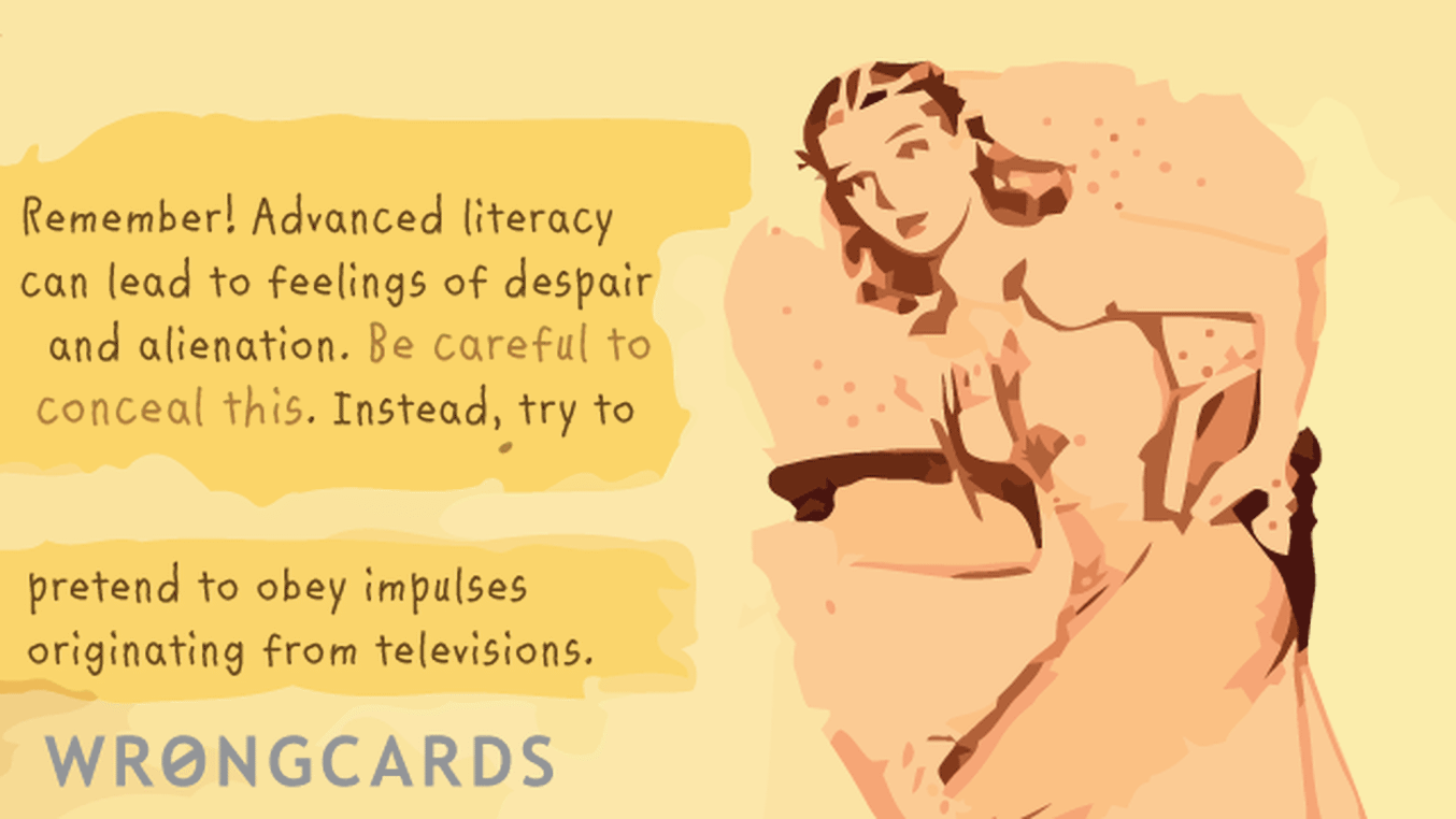 Dark Humor Ecard with text: remember - advanced literacy can lead to feelings of despair and alienation. be careful to conceal this. instead, try to obey impulses originating from televisions.

