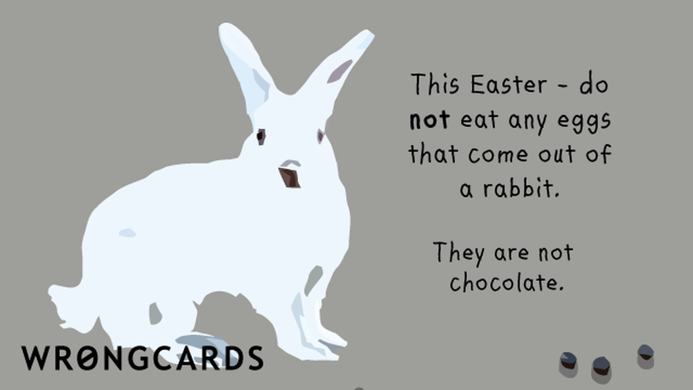 Easter Greetings Ecard with text: This Easter - do not eat any eggs that come out of a rabbit. They are not chocolate.
