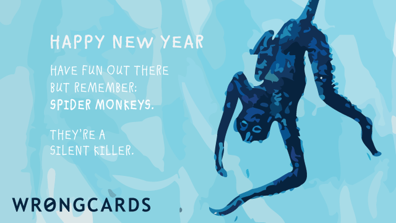 New Year's Ecard with text: Happy New Year. Have fun out there but remember: spider monkeys. They're a silent killer.
