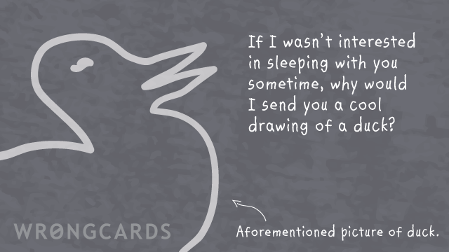 Ecard text: If I wasnt interested in sleeping with you sometime, why would I send you a cool drawing of a duck? Aforementioned picture of duck.