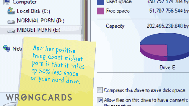 Ecard text: Another positive thing about midget porn is that it takes up 50% less space on your hard drive.